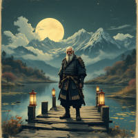 A wise warrior stands on a wooden dock under a full moon, surrounded by mountains and calm waters, embodying the essence of strategy and self-awareness in battle.