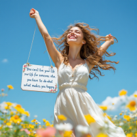 A joyful woman in a white dress stands amidst a field of flowers, holding a sign with the quote, “You can’t live your life for someone else. You have to do what makes you happy.”