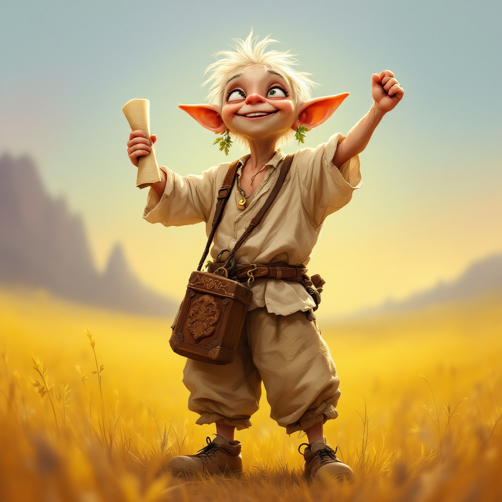 A joyful young character with pointed ears and disheveled white hair stands in a golden field, triumphantly raising a scroll in celebration of freedom, echoing Dobby's declaration.