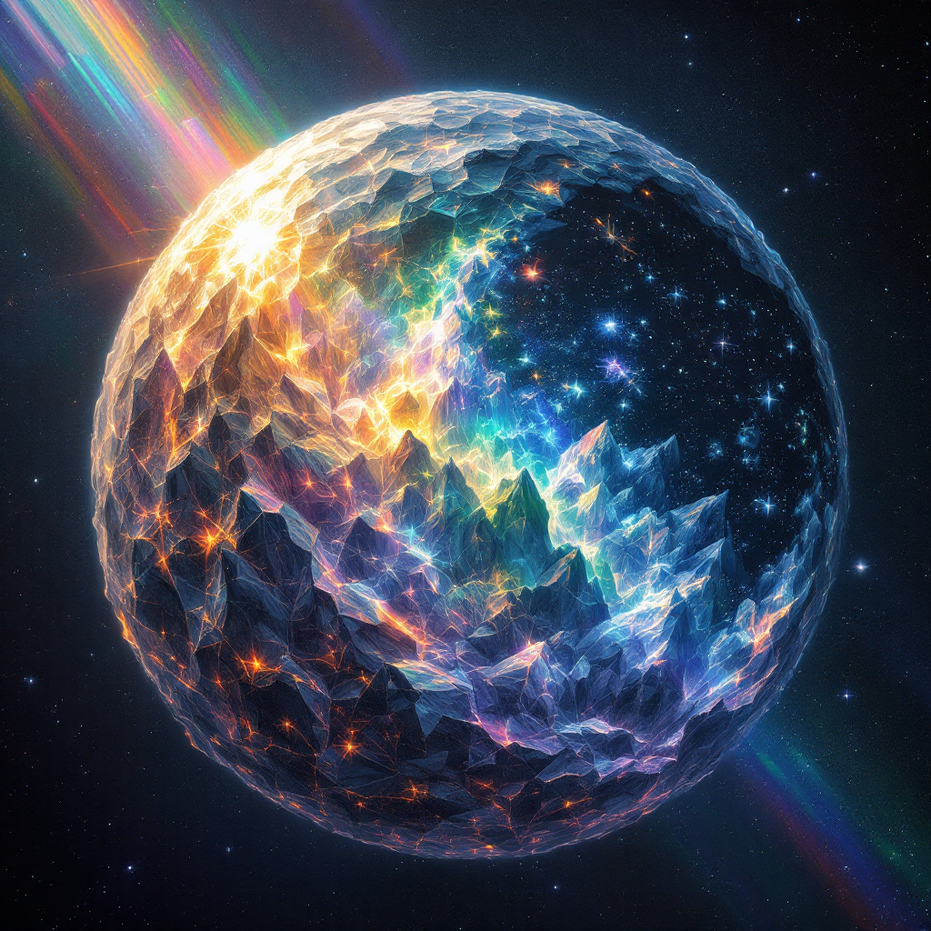 A crystalline planet with a faceted hemisphere reflecting rainbow hues under a star's light, evoking an awe-inspiring blend of machine and nature in a cosmic setting.