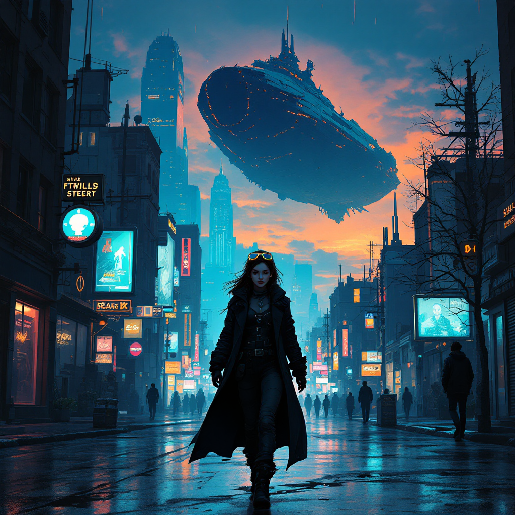 A woman in a long coat walks down a futuristic city street at twilight, with a massive spaceship hovering above, capturing the essence of surprise and twists in a good story.