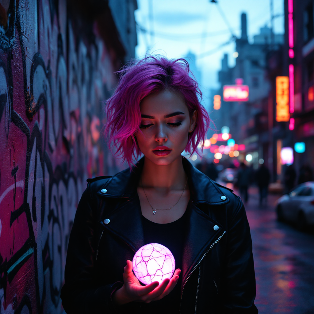 A young woman with vibrant pink hair stands in a neon-lit alley, holding a glowing orb. Her expression is contemplative amidst colorful graffiti and wet pavement.