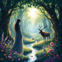 A serene forest scene depicts a woman in a flowing dress standing by a creek, gazing at a majestic deer, surrounded by blooming flowers and soft sunlight filtering through the trees.