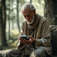 An elder man in simple robes sits on a rock in a serene forest, contemplatively examining a stone in his hands, embodying the wisdom of small yet significant decisions.