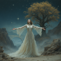 A woman in a flowing white gown stands with arms outstretched under a starry sky, embodying the struggle and necessity of forgiveness amidst a mystical landscape.