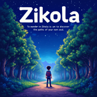 A solitary figure stands at a forest path under a starry sky, embodying the quote: To wander in Zikola is to discover the paths of your own soul. Lush greenery frames the scene.