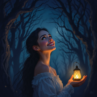 A young woman smiles brightly while holding a glowing lantern in a dark, forested setting, embodying the essence of finding light in challenging times.