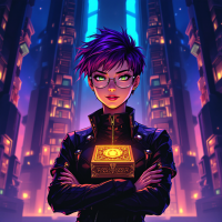 A confident figure with purple hair and glasses stands in a futuristic setting, holding a mysterious box, embodying the theme of understanding motives beyond appearances.