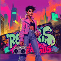 A confident figure with short hair holds a boombox in front of vibrant street art, embodying a spirit of freedom and resilience under a colorful urban skyline, inspired by the quote about the sky.