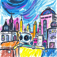 A colorful, childlike drawing of a robot overlooking a vibrant city skyline, symbolizing the quote, The future is already here—it's just not very evenly distributed.