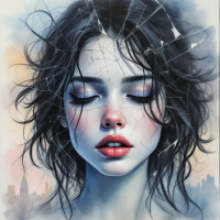 A portrait of a young woman with closed eyes, fragmented facial features, and cracked glass reflecting a city skyline, symbolizing the complexities of inner struggles and emotional expression.