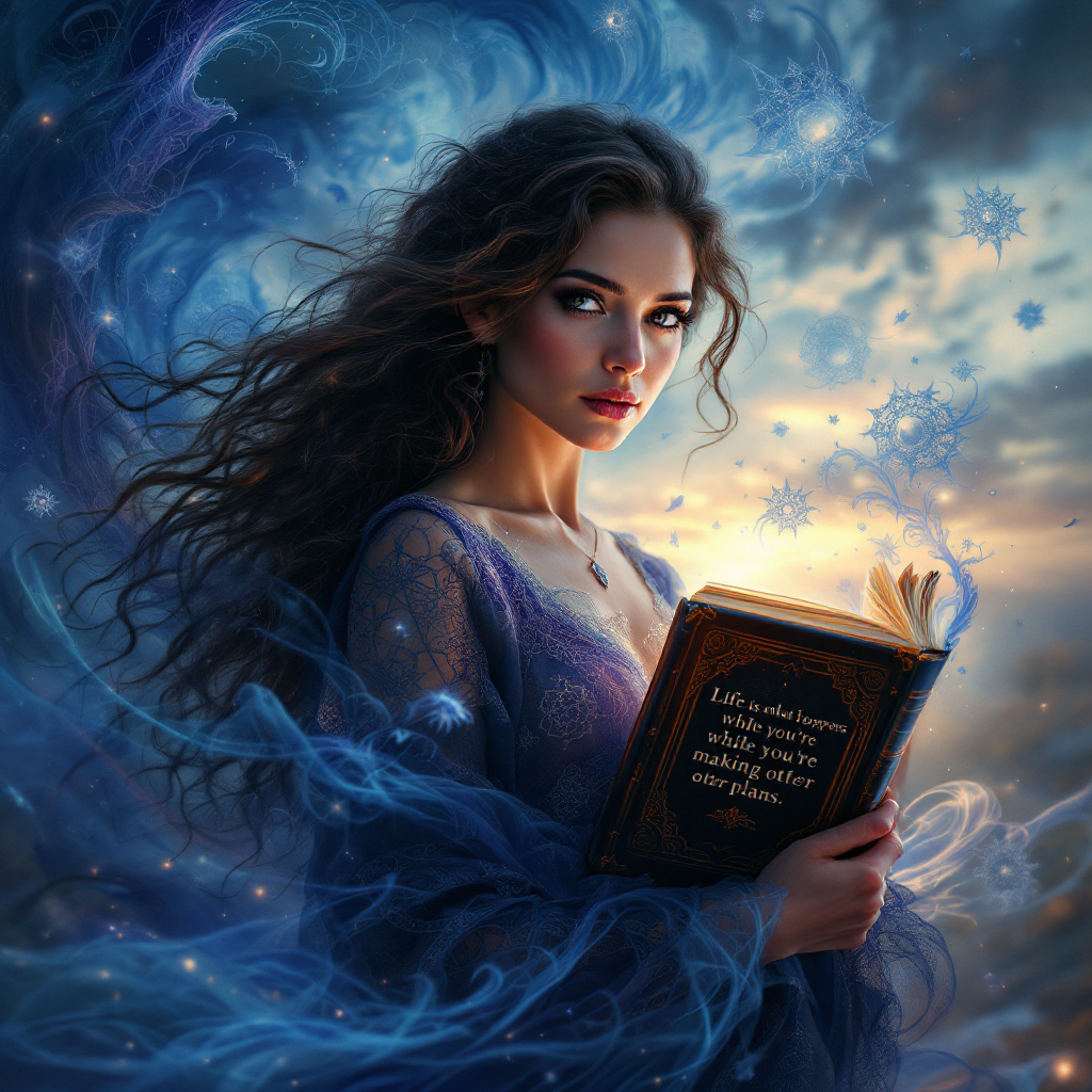 A young woman with flowing hair stands against a mystical backdrop, holding a book that features the quote, Life is what happens while you’re making other plans, surrounded by swirling blue wisps.