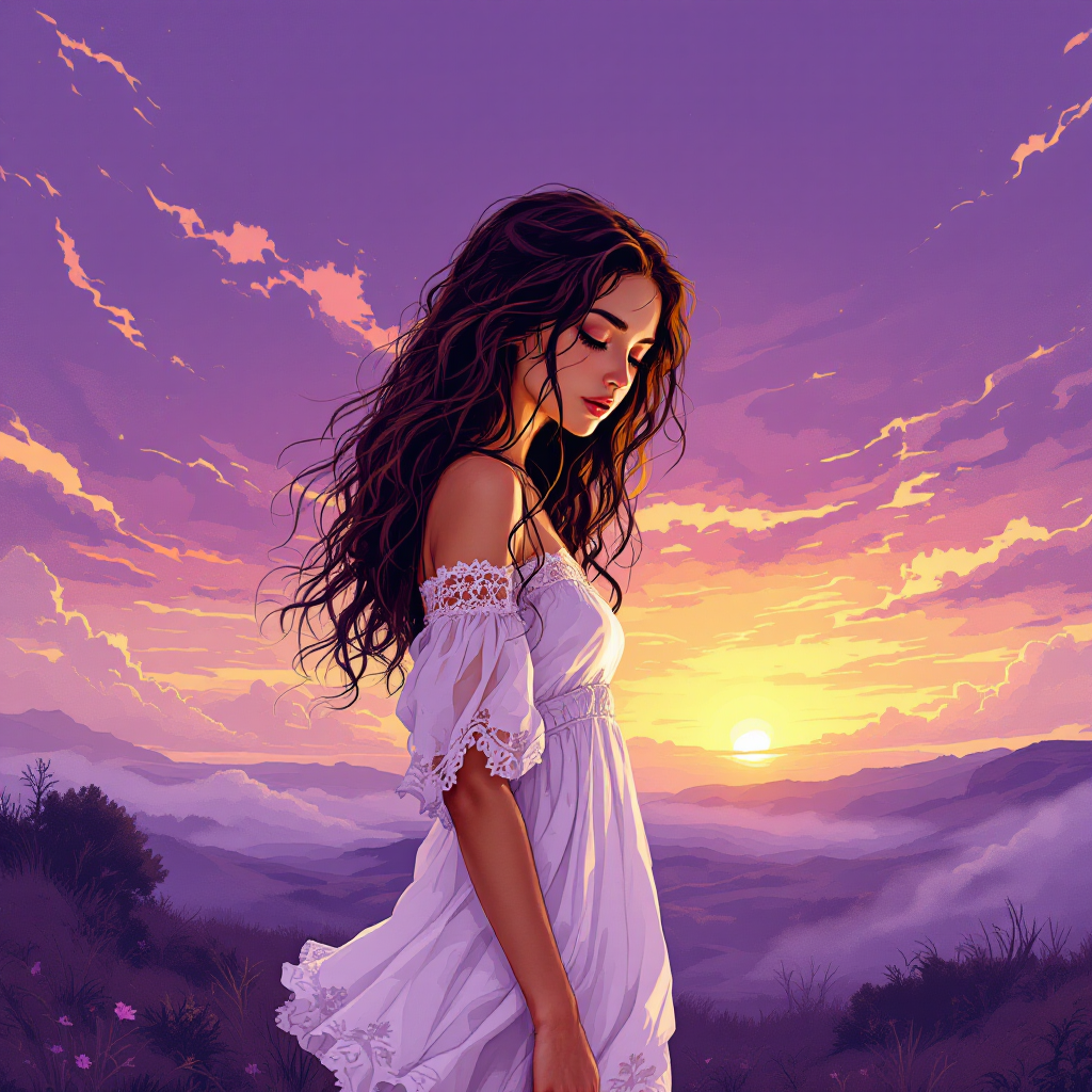 A young woman in a flowing white dress stands amidst a sunset, gazing thoughtfully into the distance, embodying the quote about understanding choices through shared perspectives.