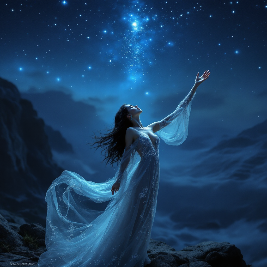 A woman in a flowing white gown reaches toward a starry night sky, embodying the yearning expressed in the quote: I crave you like the stars crave the night.