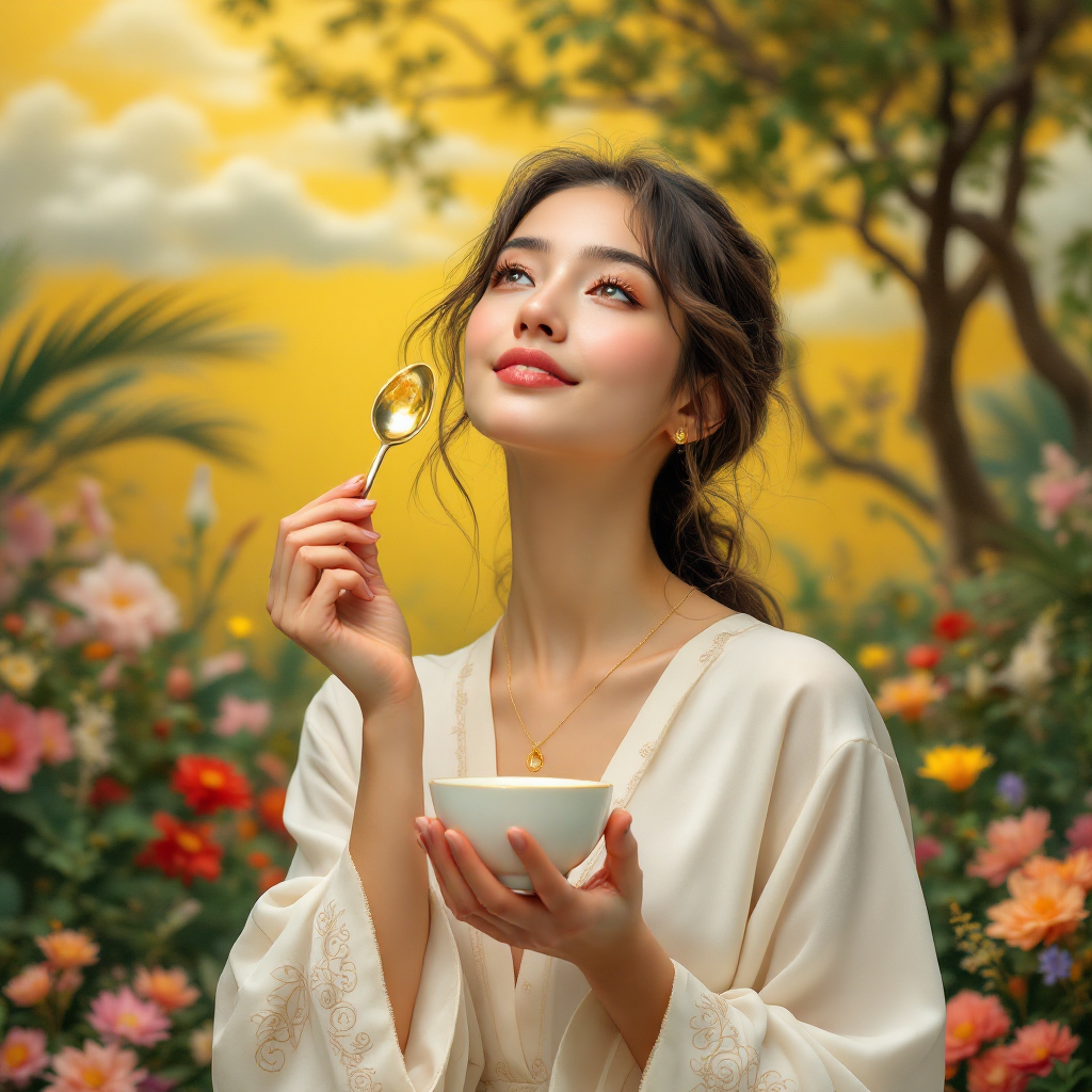 A serene young woman holds a spoon thoughtfully over a bowl, surrounded by vibrant flowers and a golden sky, embodying the balance between marvels and the simple joys of life.