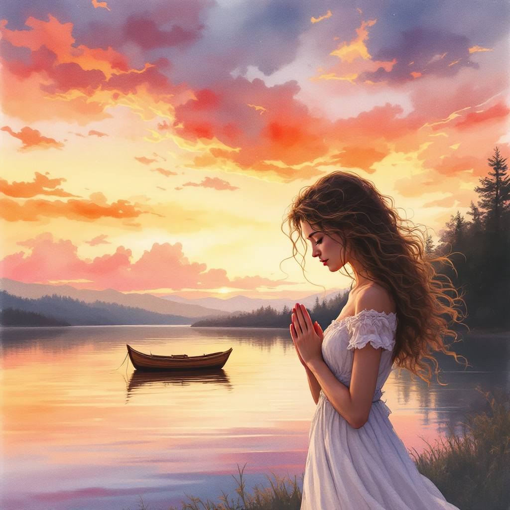 A young woman in a white dress stands by a serene lake at sunset, hands clasped in prayer, embodying the bittersweet moment of letting go and saying goodbye.