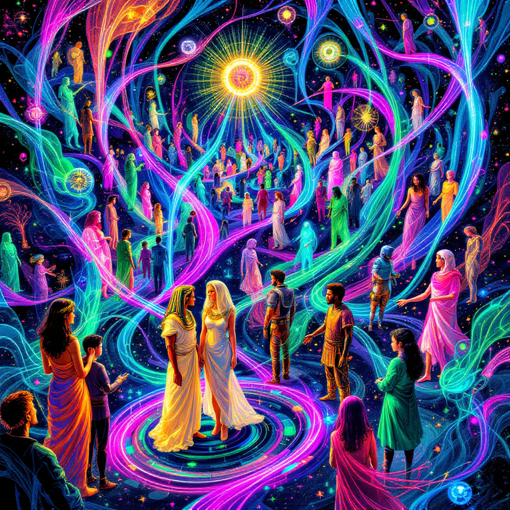 A vibrant, ethereal scene depicts interconnected figures in colorful, swirling patterns, symbolizing shared experiences and connections across space and time.