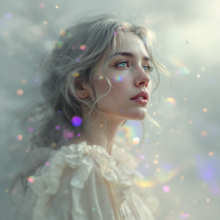 A serene young woman with flowing gray hair gazes thoughtfully into the distance, surrounded by a soft, ethereal glow and shimmering particles, reflecting the healing nature of time.