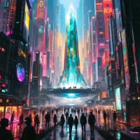 A futuristic cityscape illuminated by vibrant neon lights features towering structures, with silhouettes of people below, reflecting the shift to algorithm-driven lives as described in *Homo Deus*.