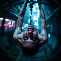 A disheveled figure hangs upside down in a dimly lit, industrial setting, blood on their skin, with an intense, almost manic expression, embodying the quote's theme of embracing pain for survival.