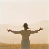 A woman stands in a sunlit field, arms outstretched towards the horizon, embodying courage and hope inspired by her love for family, as reflected in the quote about perseverance.