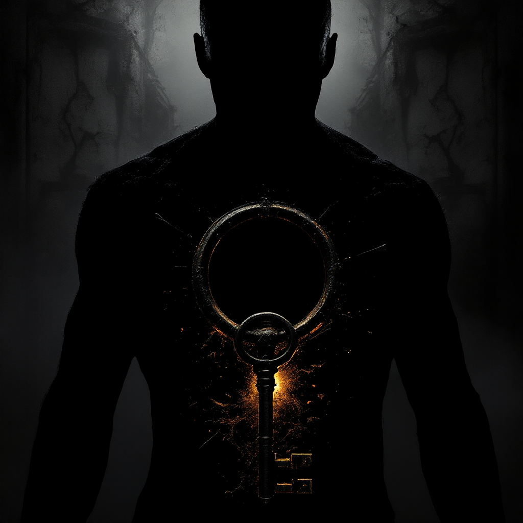 A dark silhouette of a man with a keyhole glowing at his back, symbolizing the unlocking of his soul, echoes the quote about transformation and the end of the Common Man.