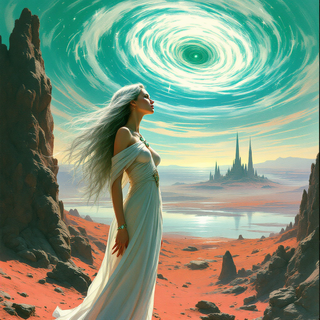 A figure in a flowing white dress stands on a barren landscape, gazing at a swirling sky above, evoking themes of life, death, and the search for connection beyond realms.