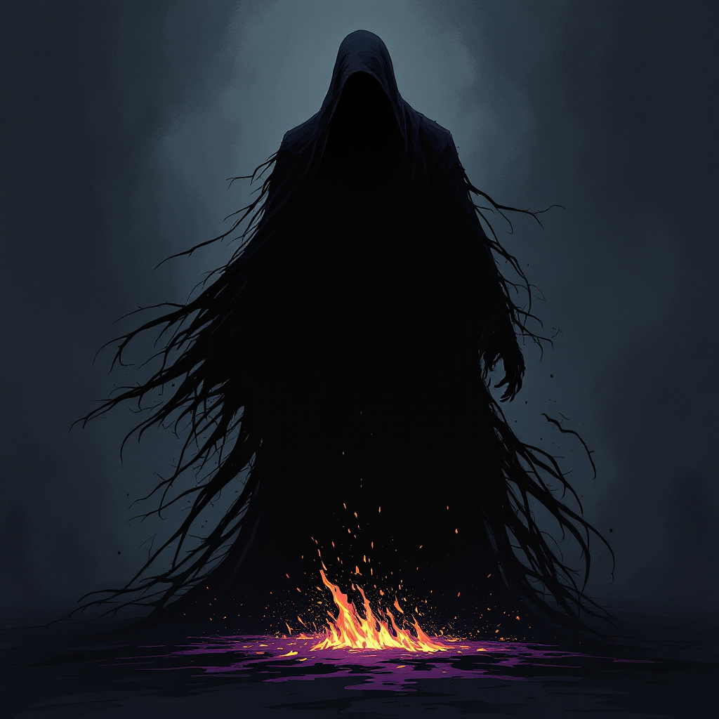 A shadowy figure with long, flowing tendrils looms over a small, flickering fire, embodying the quote's themes of darkness and sudden, powerful movement.