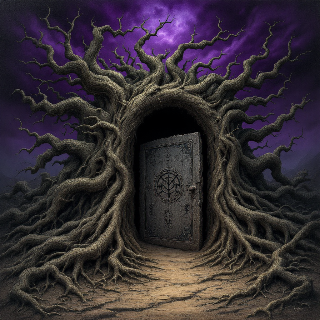 A twisted tree encloses a dark door against a stormy purple sky, embodying the quote The truth is a bad thing when it comes to monsters, evoking a sense of foreboding mystery.