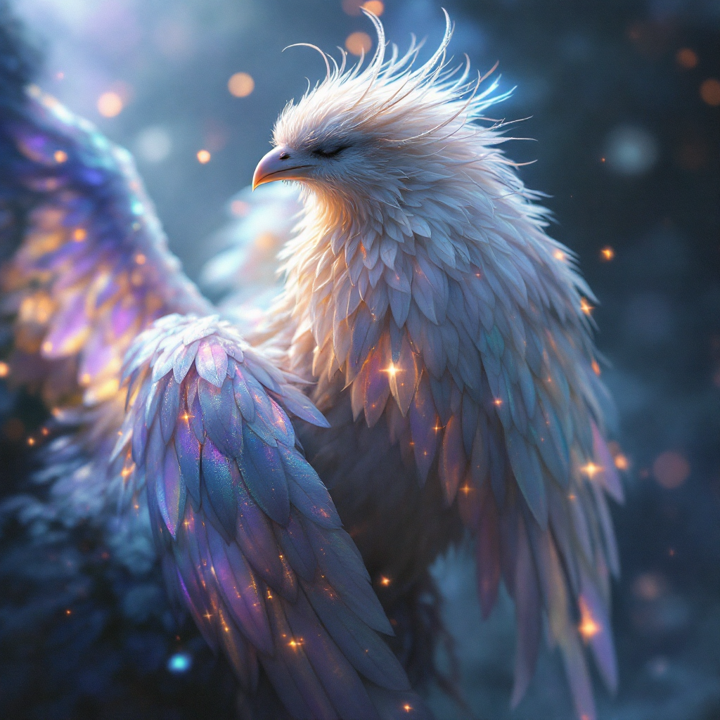 A luminous, feathered creature stands gracefully, its iridescent plumage reflecting soft colors, embodying the essence of hope as described in the quote about the soul and endless song.