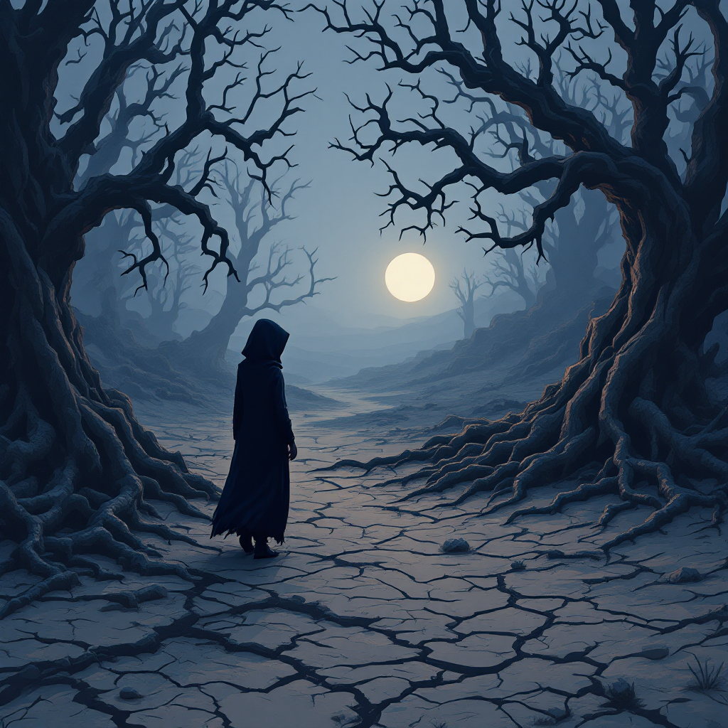 A hooded figure stands on a cracked path between twisted, leafless trees, illuminated by a full moon, embodying the haunting nature of hidden secrets.