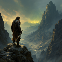 A lone warrior stands on a rocky outcrop, sword in hand, gazing out over a vast, misty landscape illuminated by a shimmering sky, embodying the quote about action and the universe's indifference to plans.