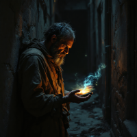 A weary man stands in a shadowy alley, gazing intently at a shimmering, magical light in his hands, embodying the struggle between imagination and poverty.