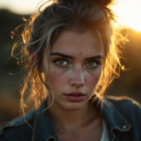 A close-up of a young woman with striking green eyes and subtle scars on her face, illuminated by a warm golden sunset, embodying the essence of wearing one's scars with grace.