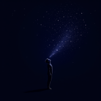 A silhouette of a person gazes upward, emitting a stream of stardust into a deep, dark space, embodying the essence of being made of stardust amidst life's distractions.