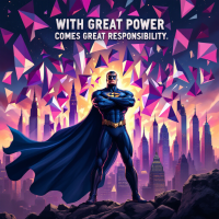 A superhero in a blue suit and cape stands confidently amidst a vibrant cityscape, surrounded by colorful geometric shapes, with the quote, With great power comes great responsibility, above.