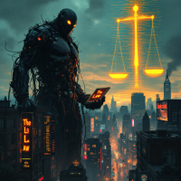 A towering, abstract figure made of dark vines stands over a cityscape at dusk, holding a tablet. Above, glowing scales symbolize justice, reflecting the quote's theme of universal law.