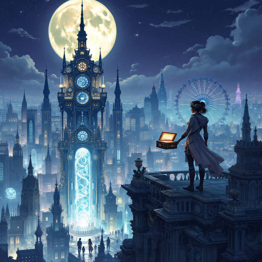 A figure stands on a rooftop overlooking a vibrant cityscape illuminated by a full moon, balancing personal reflection with a sense of communal connection amid towering structures.