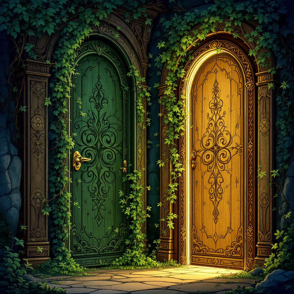 A mystical scene featuring two ornate doors entwined with ivy—one green and the other golden—symbolizing choices amidst uncertainty, reflecting the quote about choices over answers.