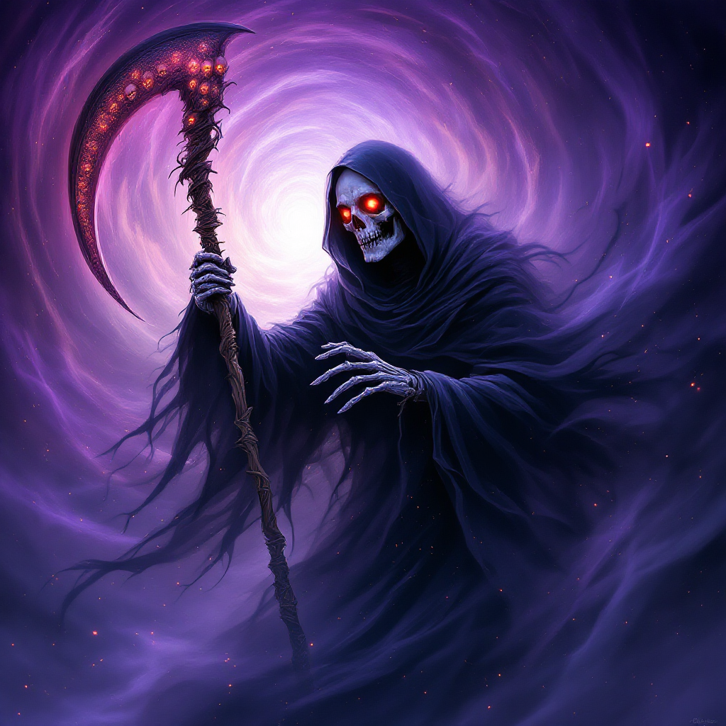 A hooded figure with glowing red eyes holds a menacing scythe, emerging from swirling purple mist, symbolizing the quote The last enemy that shall be destroyed is death.