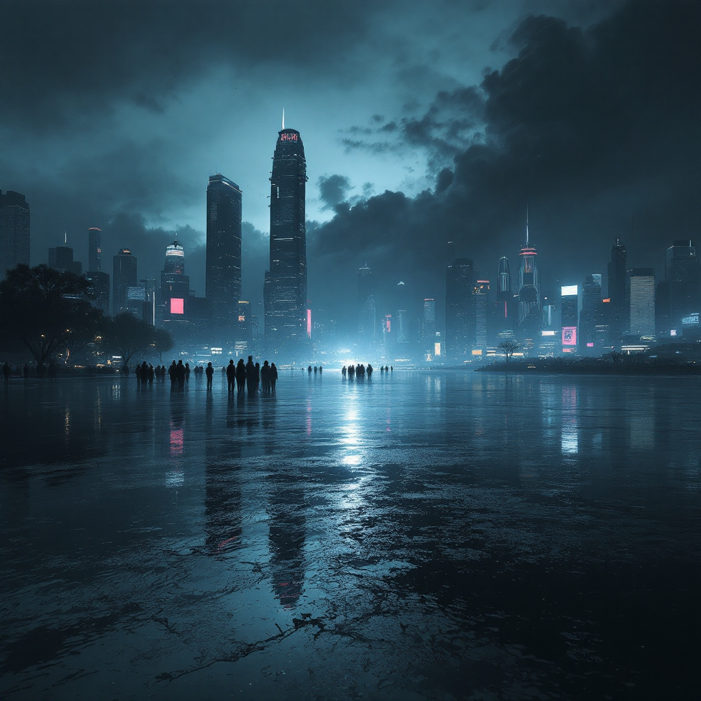 A moody cityscape at dusk, featuring dark skyscrapers reflecting in a calm water surface, with silhouettes of people in the foreground, evoking the theme of fear and the unknown.