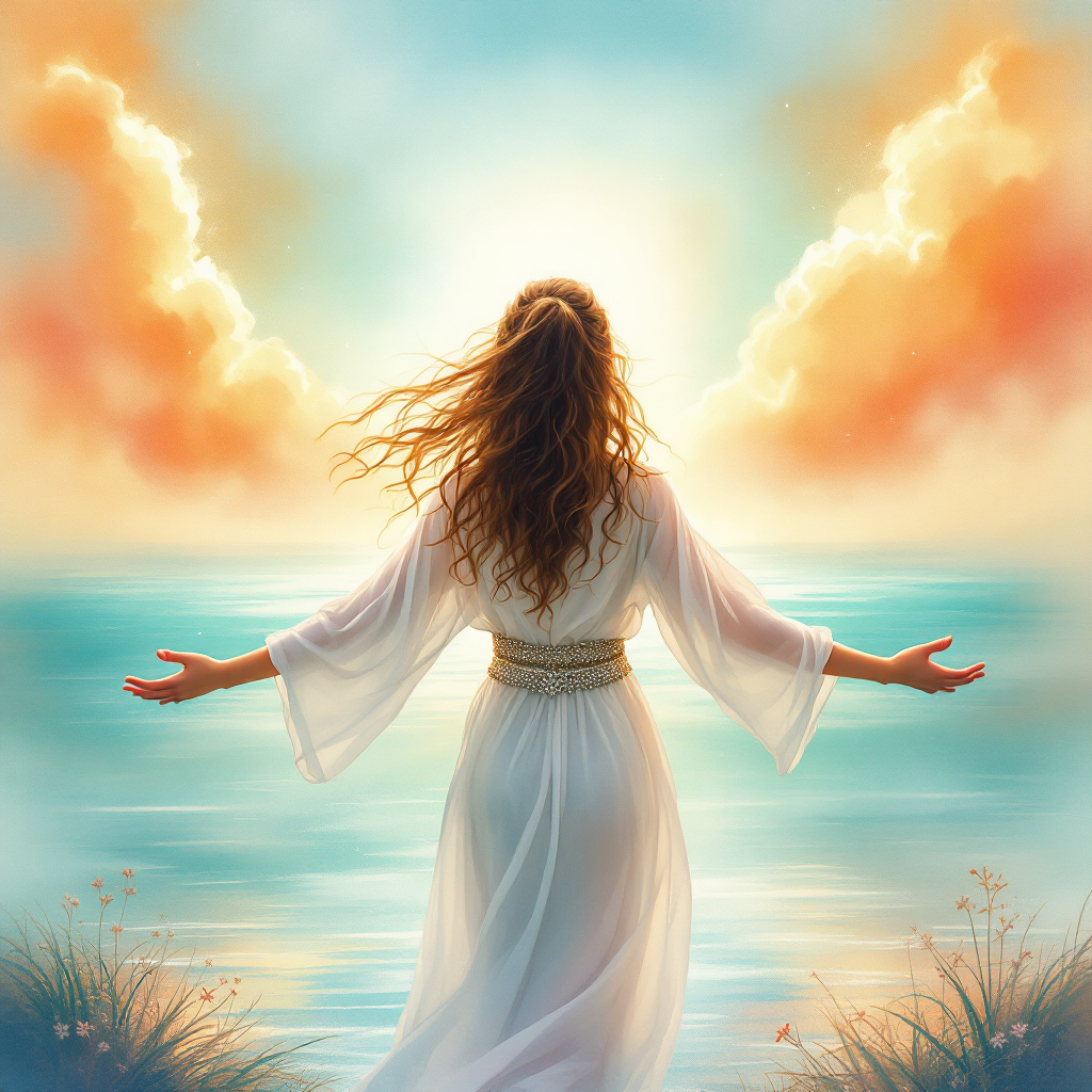 A figure in a flowing white dress stands by a tranquil sea, arms outstretched toward a bright, colorful sky, embodying the essence of letting go and embracing the present.