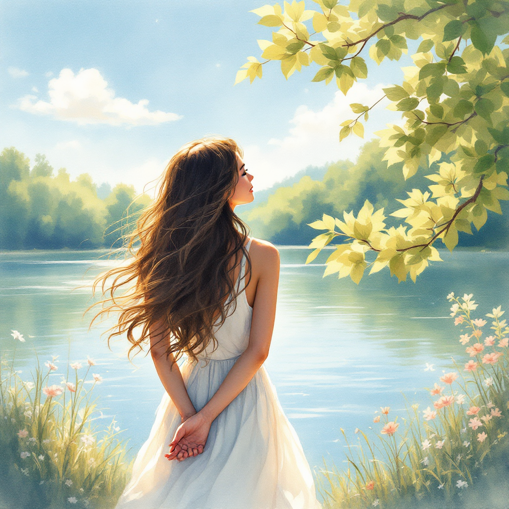 A woman in a flowing white dress stands by a serene lake, surrounded by lush greenery and wildflowers, embodying the essence of letting go and embracing the present.