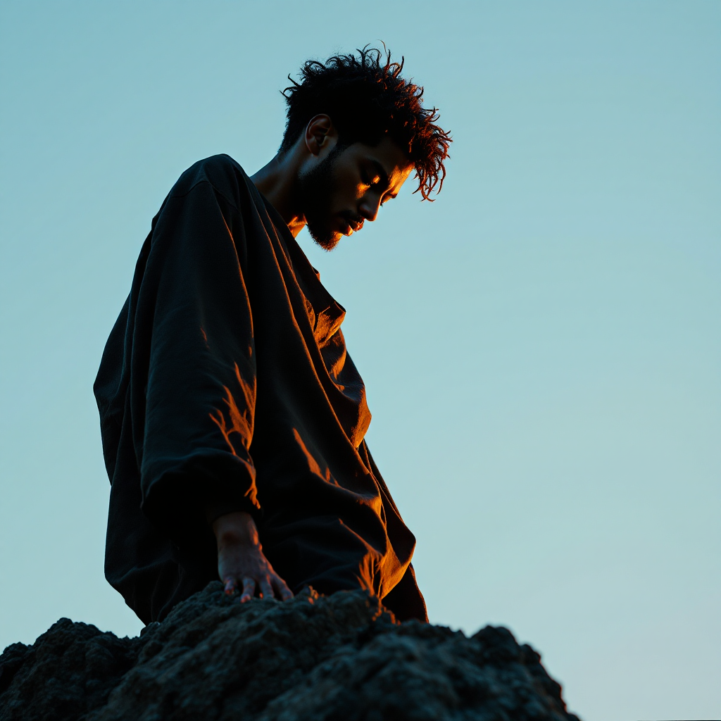 A silhouetted figure stands contemplatively on a rocky ledge against a twilight sky, embodying the contrast between love for mankind and the complexity of the individual.