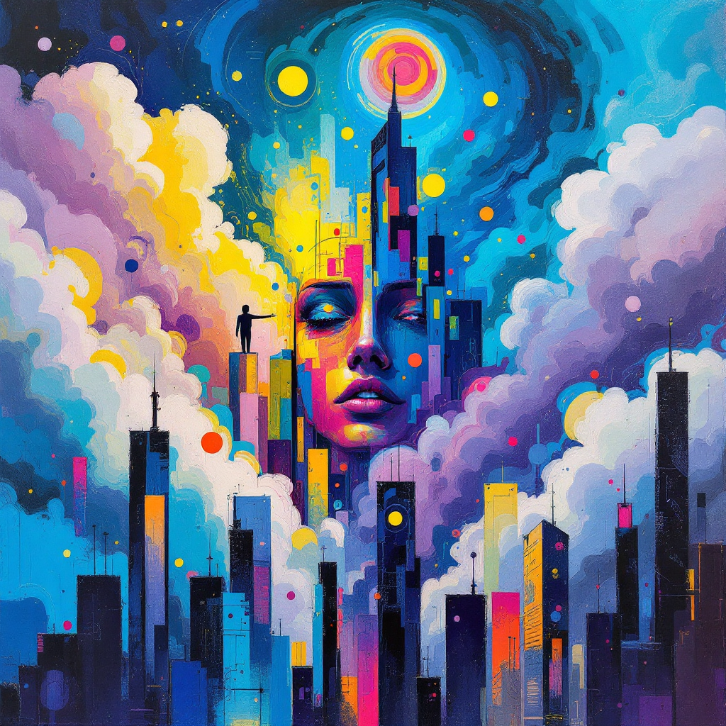 A vibrant, surreal cityscape featuring a large, ethereal face emerging from colorful clouds, symbolizing humanity's storytelling essence as a justification for existence.