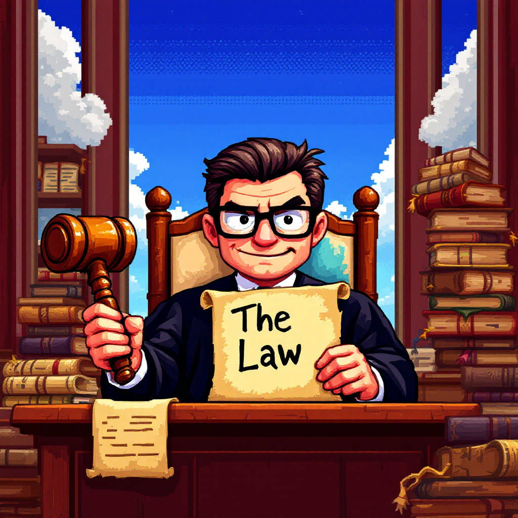 A cartoon judge sits at a grand desk holding a sign that reads The Law. Shelves filled with books surround him, embodying the quote, The law is not about the truth; it's about who tells it best.