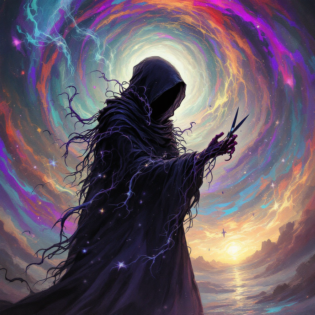 A cloaked figure stands against a swirling cosmic backdrop, holding scissors, symbolizing anxiety's theft of the present, as vibrant colors blend into a serene horizon.