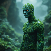 A humanoid figure with green skin and moss-like texture stands in a misty forest, embodying the concept of symbiosis with subcutaneous algae for photosynthesis.