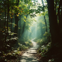 A winding path meanders through a lush forest, sunlight filtering through tall trees, creating a serene atmosphere that reflects the idea that multiple routes exist in life.