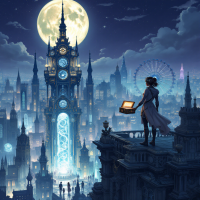 A figure stands on a rooftop overlooking a vibrant cityscape illuminated by a full moon, balancing personal reflection with a sense of communal connection amid towering structures.